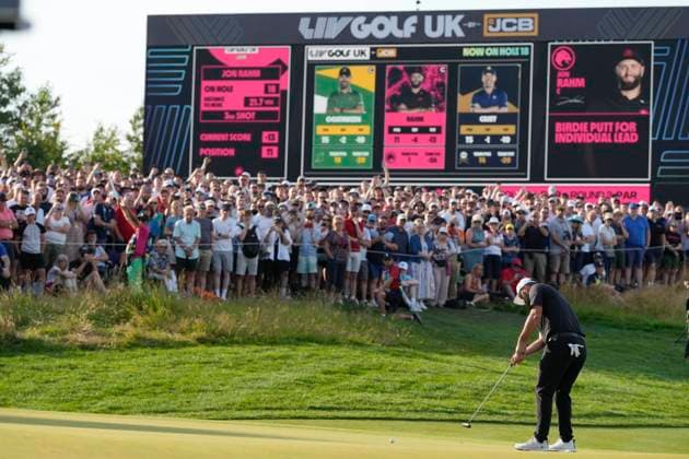 28th July 2024; JCB Golf &amp; Country Club, Rocester, Uttoxeter, England; LIV UK Golf League, Final Round; Jon Rahm of the Legion XIII GC putts on the 18th hole  ActionPlus12673834 StevenxFlynn