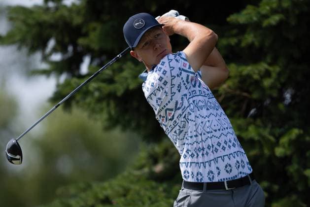 BLAINE, MN - JULY 28: Matti Schmid hits a tee shot on the second hole during the final round of the 3M Open at TPC Twin Cities on July 28, 2024 in Blaine, Minnesota. (Photo by Bailey Hillesheim Icon Sportswire) GOLF: JUL 28 PGA, Golf Herren 3M Open EDITORIAL USE ONLY Icon2407280033
