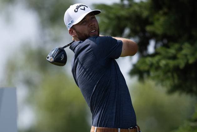 BLAINE, MN - JULY 28: Sam Burns hits a tee shot on the second hole during the final round of the 3M Open at TPC Twin Cities on July 28, 2024 in Blaine, Minnesota. (Photo by Bailey Hillesheim Icon Sportswire) GOLF: JUL 28 PGA, Golf Herren 3M Open EDITORIAL USE ONLY Icon2407280043