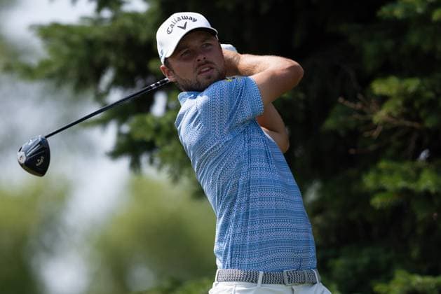 BLAINE, MN - JULY 28: Adam Svensson hits a tee shot on the second hole during the final round of the 3M Open at TPC Twin Cities on July 28, 2024 in Blaine, Minnesota. (Photo by Bailey Hillesheim Icon Sportswire) GOLF: JUL 28 PGA, Golf Herren 3M Open EDITORIAL USE ONLY Icon2407280113