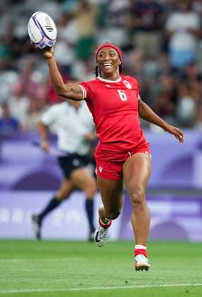 July 28, 2024, Paris, FRANCE: Canada back Charity Williams (6) reacts as she scores a Try against New Zealand during first half women s rugby 7s action at the 2024 Summer Olympics in Paris, France on Sunday, July 28, 2024. Canada News - July 28, 2024  - ZUMAc35_ 20240728_zaf_c35_145 Copyright: xNathanxDenettex