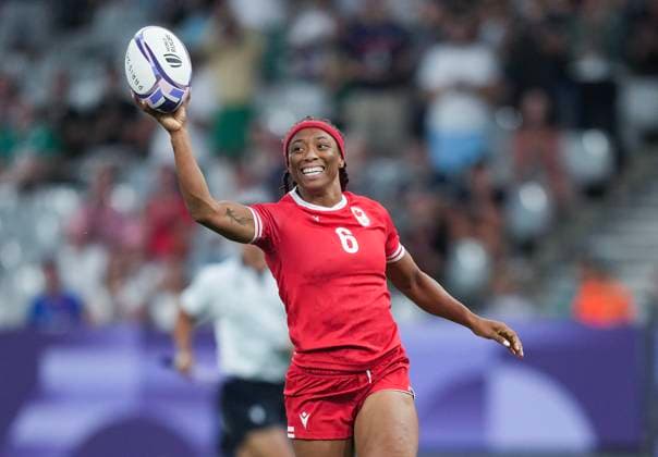 July 28, 2024, Paris, FRANCE: Canada back Charity Williams (6) reacts as she scores a Try against New Zealand during first half women s rugby 7s action at the 2024 Summer Olympics in Paris, France on Sunday, July 28, 2024. Canada News - July 28, 2024  - ZUMAc35_ 20240728_zaf_c35_147 Copyright: xNathanxDenettex