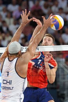 (240728) -- PARIS, July 28, 2024 -- Anders Berntsen Mol (R) of Norway competes during the men s pool B Beach volleyball, Beachvolleyball match between Norway and Chile at the Paris 2024 Olympic Games, Olympische Spiele, Olympia, OS in Paris, France, on July 28, 2024. ) (PARIS2024)FRANCE-PARIS-OLY-BEACH VOLLEYBALL HuangxZongzhi 
