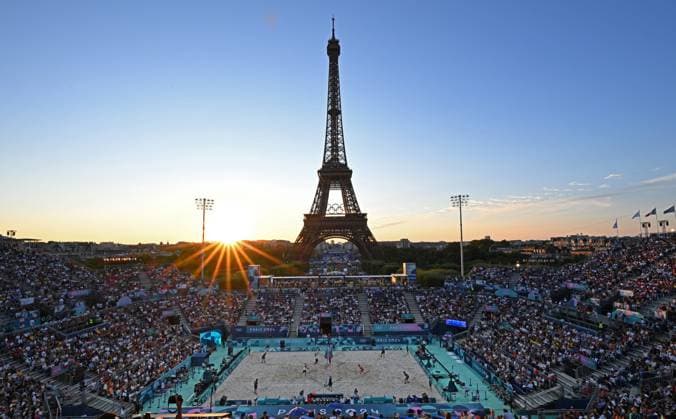 (240728) -- PARIS, July 28, 2024 -- Anders Berntsen Mol Christian Sandlie Soerum of Norway (L) and Marco Grimalt Esteban Grimalt of Chile compete during the men s pool B Beach volleyball, Beachvolleyball match between Norway and Chile at the Paris 2024 Olympic Games, Olympische Spiele, Olympia, OS in Paris, France, on July 28, 2024. ) (PARIS2024)FRANCE-PARIS-OLY-BEACH VOLLEYBALL LixGa 