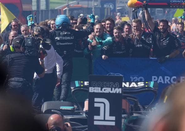 Belgium: 28.07.2024, Circuit de Spa-Francorchamps, Spa-Francorchhamps, Formula 1 Rolex Belgian Grand Prix 2024 , im Bild& xA;Sieger George Russell (GBR), Mercedes-AMG Petronas Formula One Team Formula 1 Championship - Formula 1 Rolex Belgian Grand Prix 2024 - Race  - ZUMAp169 20240728_zsa_p169_334 Copyright: xAlessioxDexMarco IPAxSportx