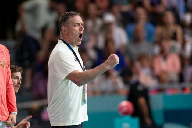 German coach Alfred GISLASON GER with clenched fist, gesture, cheering, joy Handball Men Japan JPN vs Germany GER , final score 26 37, preliminary round group A, match 7, on 29 07 2024, Olympic Games Paris 2024 France Â