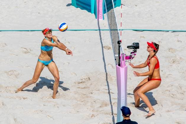 July 29, 2024, Paris, Ile de France, France: HUEBERLI TANJA, Switerland, and DANIELA ALVAREZ MENDOZA, Spain,during the Preliminary Phase - Pool F Women s Beach volleyball, Beachvolleyball match at the Stade Tour Eiffel stadium during the 2024 Paris Summer Olympics in Paris, France.SWITZERLAND WON 2-0. Paris France - ZUMAa19_ 20240729_oly_a19_002 Copyright: xAngelxAdamsx