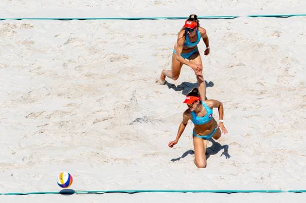 July 29, 2024, Paris, Ile de France, France: HUEBERLI TANJA, Switerland, and NINA BRUNNER (1), Switerland during their Preliminary Phase - Pool F Women s Beach volleyball, Beachvolleyball match at the Stade Tour Eiffel stadium during the 2024 Paris Summer Olympics in Paris, France.SWITZERLAND WON 2-0. Paris France - ZUMAa19_ 20240729_oly_a19_011 Copyright: xAngelxAdamsx