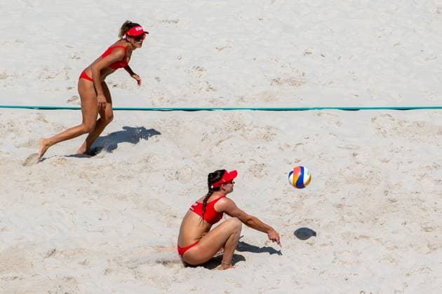 July 29, 2024, Paris, Ile de France, France: TANIA MORENO MATVEEVA (2), Spain, and DANIELA ALVAREZ MENDOZA, Spain during their Preliminary Phase - Pool F Women s Beach volleyball, Beachvolleyball match at the Stade Tour Eiffel stadium during the 2024 Paris Summer Olympics in Paris, France.SWITZERLAND WON 2-0. Paris France - ZUMAa19_ 20240729_oly_a19_013 Copyright: xAngelxAdamsx