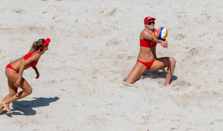 July 29, 2024, Paris, Ile de France, France: TANIA MORENO MATVEEVA (2), Spain, and DANIELA ALVAREZ MENDOZA, Spain during their Preliminary Phase - Pool F Women s Beach volleyball, Beachvolleyball match at the Stade Tour Eiffel stadium during the 2024 Paris Summer Olympics in Paris, France.SWITZERLAND WON 2-0. Paris France - ZUMAa19_ 20240729_oly_a19_019 Copyright: xAngelxAdamsx