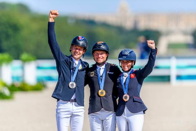 FRA, Olympic Summer Games Paris 2024, Eventing Jumping Individual Final 29 07 2024, Ch teau de Versailles, Paris, FRA, Olympic Summer Games Paris 2024, Eventing Jumping Individual Final , in the picture Michael Jung with his horse Chipmunk wins gold Christopher BURTON AUS silver medal Laura COLLETT GBR bronze medal nordphotoxGmbHx xStraubmeier nph00004