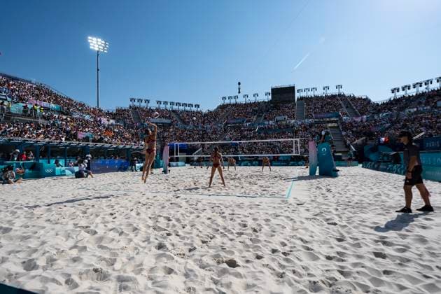 July 29, 2024, Paris, Ile de France, France: Latvia s Blocker TINA GRAUDINA (LAT) (1) and Latvia s Defender ANASTASIJA SAMOILOVA (LAT) (2) compete against Switzerland during their Preliminary Phase - Pool D Women s Beach volleyball, Beachvolleyball match at the Stade Tour Eiffel stadium during the 2024 Paris Summer Olympics in Paris, France.Switzerland Paris France - ZUMAa161 20240729_oly_a161_014 Copyright: xWalterxArcex