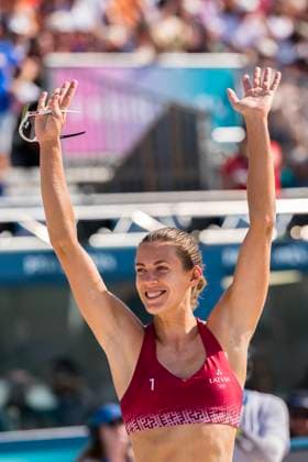 July 29, 2024, Paris, Ile de France, France: LatviaÃ¢â‚¬â ¢s Blocker TINA GRAUDINA (LAT) (1) competes against Switzerland during their Preliminary Phase - Pool D Women s Beach volleyball, Beachvolleyball match at the Stade Tour Eiffel stadium during the 2024 Paris Summer Olympics in Paris, France.Switzerland Paris France - ZUMAa161 20240729_oly_a161_025 Copyright: xWalterxArcex