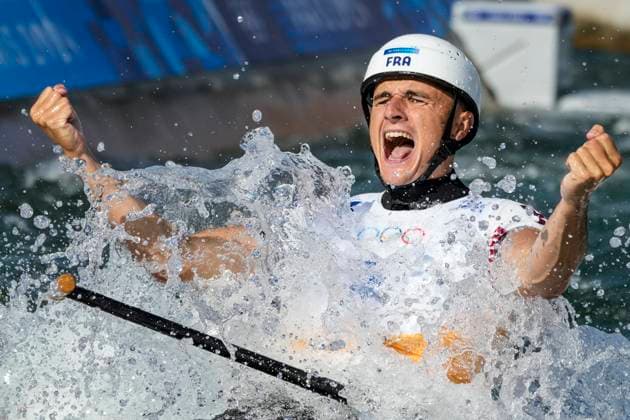 Nicolas Gestin of Team France celebrates as he crosses the finish line to win the Men s C1 Canoe Slalom final at the Vaires-sur-Marne Nautical Stadium outside Paris during the 2024 Paris Summer Olympic Games, Olympische Spiele, Olympia, OS in Paris, France, Monday, July 29, 2024.  OLY20240729402 PaulxHanna