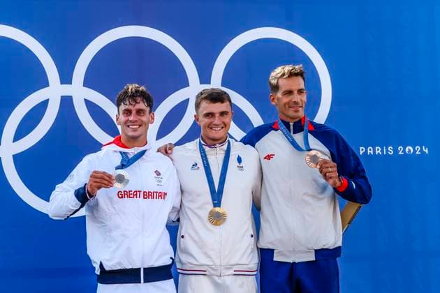 GESTIN Nicolas of France, BURGESS Adam of great britain, BENUS Matej of Slovakia Canoe Slalom Men s Canoe Single Final, podium, during the Olympic Games, Olympische Spiele, Olympia, OS Paris 2024 on 29 July 2024 at Vaires-sur-Marne Nautical Stadium in Vaires-sur-Marne, France - Photo Gregory Lenormand DPPI Media Panoramic OLYMPIC GAMES PARIS 2024 - 29 07 DPPI Panoramic  21024006_GRL_13769