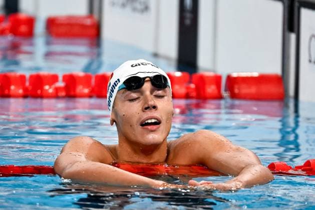 David Popovici of Romania reacts after winning the gold medal in the swimming 200m Freestyle Men Final during the Paris 2024 Olympic Games, Olympische Spiele, Olympia, OS at La Defense Arena in Paris (France), July 29, 2024. Andrea Masini