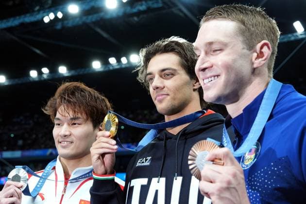 Italy s Thomas Ceccon winner of the men& x2019;s100 mt breaststroke final gold medal at the 2024 Summer Olympics, Monday, July 29, 2024, in Paris, France.  Copyright: xGianxMattiaxD Alberto LaPressex