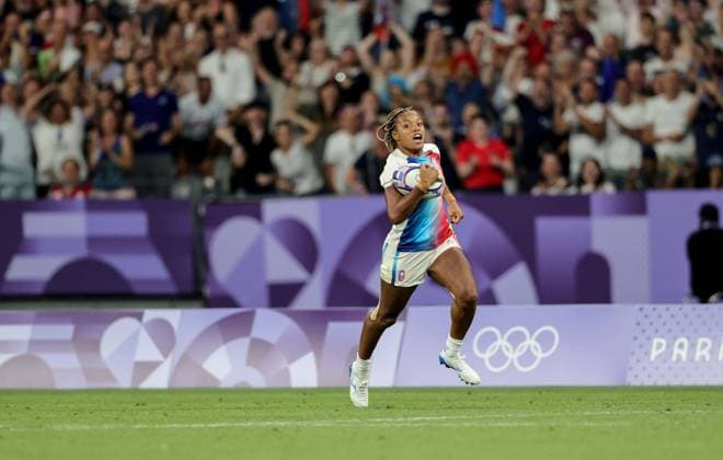 Paris 2024 Olympic Games, Olympische Spiele, Olympia, OS Stade de France, Saint-Denis, Paris, France 29 7 2024 Women™s Rugby Sevens - Quarter-Final France vs Canada France™s Ian Jason runs in to score a try Ian Jason runs in to score a try 29 7 2024  Copyright: x INPHO DanxSheridanx C36I9129