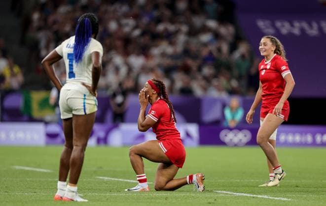 Paris 2024 Olympic Games, Olympische Spiele, Olympia, OS Stade de France, Saint-Denis, Paris, France 29 7 2024 Women™s Rugby Sevens - Quarter-Final France vs Canada Canada™s Charity Williams celebrates Charity Williams celebrates 29 7 2024  Copyright: x INPHO DanxSheridanx C36I9616