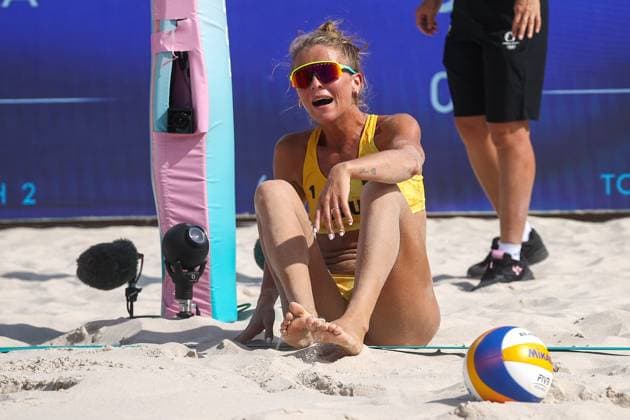 RUSSIA, PARIS - JULY 30, 2024: Lithuania s Monika Paulikene plays a womenâ€™s Pool E Beach volleyball, Beachvolleyball match against Brazil during the 2024 Summer Olympics at the Eiffel Tower Stadium on the Champ de Mars. Alexander Shcherbak TASS  72547286
