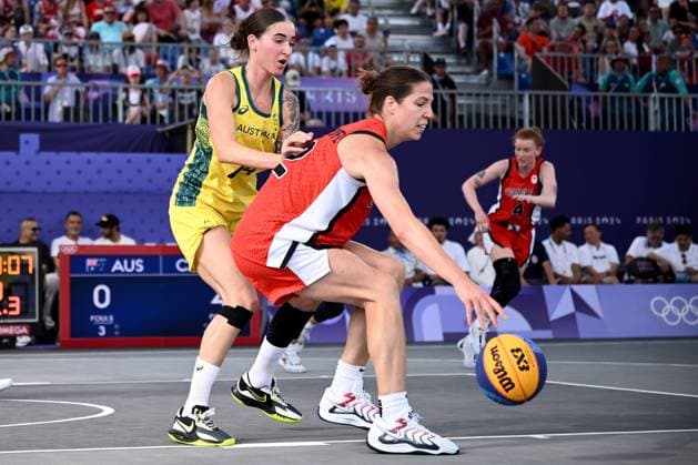 OLY24 3X3 BASKETBALL, Katherine Plouffe of Canada (right) during the Women?s 3x3 Basketball match between Australia and Canada at La Concorde Urban Park as part of the 2024 Paris Summer Olympic Games, Olympische Spiele, Olympia, OS in Paris, France, Tuesday, July 30, 2024. ( NO ARCHIVING, EDITORIAL USE ONLY, NO USE IN BOOKS WITHOUT CONSENT PARIS FRANCE Copyright: xJOELxCARRETTx 20240731195267928960