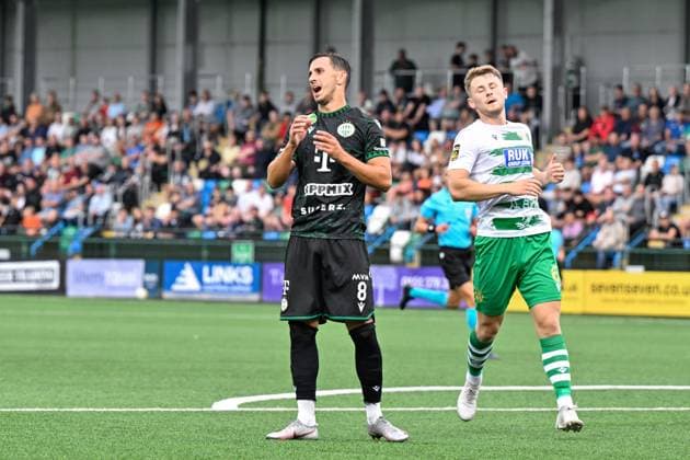 UEFA Champions League - Second Qualifying Round The New Saints v Ferencvaros Aleksandar PeÅ¡iÄ‡ of Ferencvaros reacts to his shot on goal during the UEFA Champions League Second Qualifying Round match The New Saints vs Ferencvaros at Park Hall Stadium, Oswestry, United Kingdom, 30th July 2024 (Photo by Cody Froggatt News Images) Oswestry Park Hall Stadium Shropshire United Kingdom Copyright: xCodyxFroggatt NewsxImagesx