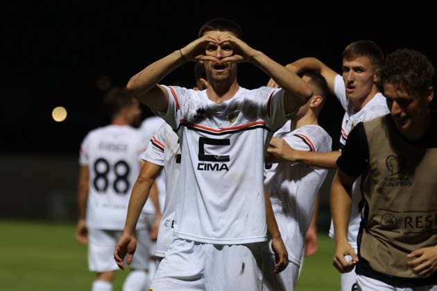 PAOLA, MALTA - JULY 30: Bernard Karrica of Ballkani is reacting after scoring the 0-2 goal for his team during the UEFA Europa Conference League, Second Qualifying Round, 2nd Leg soccer match between Hamrun Spartans and Ballkani at the Tony Bezzina Stadium, Paola, Malta on 30 July 2024. Hamrun Spartans v Ballkani - UEFA Europa Conference League 2024 2025, Second Qualifying Round, 2nd Leg