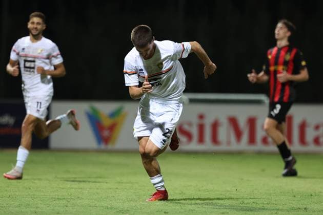 PAOLA, MALTA - JULY 30: Bernard Karrica of Ballkani is reacting after scoring the 0-2 goal for his team during the UEFA Europa Conference League, Second Qualifying Round, 2nd Leg soccer match between Hamrun Spartans and Ballkani at the Tony Bezzina Stadium, Paola, Malta on 30 July 2024. (Photo by Domenic Aquilina) Hamrun Spartans v Ballkani - UEFA Europa Conference League 2024 2025, Second Qualifying Round, 2nd Leg