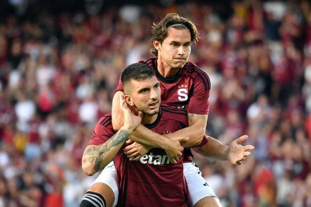 July 30, 2024, Prague, Czech Republic: INDRIT TUCI (down) and MARKUS SOLBAKKEN (up) of Sparta Praha celebrate after scoring during second qualifying round UEFA Champions League, 2nd leg match at July 30, 2024, in Prague in the Czech Republic. 6-2 Sparta Praha win. Prague Czech Republic - ZUMAr156 20240730_aap_r156_013 Copyright: xSlavekxRutax