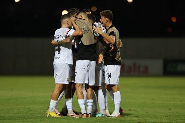 PAOLA, MALTA - JULY 30: Soccer players of Ballkani are celebrating after scoring the 0-1 goal for his team during the UEFA Europa Conference League, Second Qualifying Round, 2nd Leg soccer match between Hamrun Spartans and Ballkani at the Tony Bezzina Stadium, Paola, Malta on 30 July 2024. (Photo by Domenic Aquilina) Hamrun Spartans v Ballkani - UEFA Europa Conference League 2024 2025, Second Qualifying Round, 2nd Leg