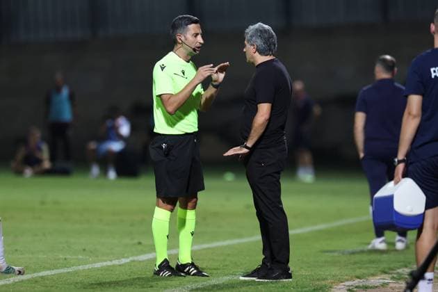 PAOLA, MALTA - JULY 30: UEFA appointed 4th official Raffaele Delvecchio (L) is speaking to Ilir Daja (R), head coach of Ballkani during the UEFA Europa Conference League, Second Qualifying Round, 2nd Leg soccer match between Hamrun Spartans and Ballkani at the Tony Bezzina Stadium, Paola, Malta on 30 July 2024. (Photo by Domenic Aquilina) Hamrun Spartans v Ballkani - UEFA Europa Conference League 2024 2025, Second Qualifying Round, 2nd Leg