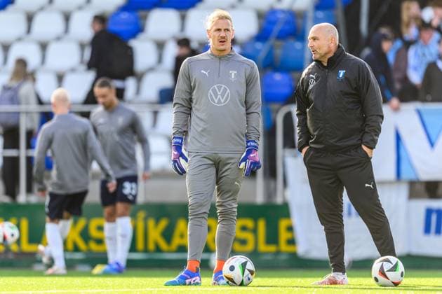 240730 Goalkeeper Johan Dahlin and goalkeeper coach Jonnie Fedel of Malmö FF ahead of the UEFA Champions League football match between Klaksvik and Malmö FF on July 30, 2024 in Klaksvik Photo Mathilda Ahlberg BILDBYRAN kod MA MA0693 fotboll football soccer fotball champions league klaksvik malmö ff bbeng Qualifiers kval  Copyright: MATHILDAxAHLBERG BB240730MA121
