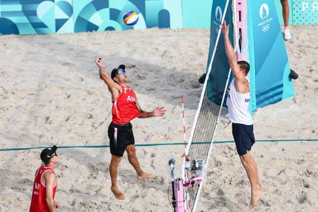 OLYMPICS - Olympic Summer Games 2024 PARIS,FRANCE,31.JUL.24 - OLYMPICS, Beach volleyball, Beachvolleyball - Olympic Summer Games Paris 2024, preliminary phase, men. Image shows Alexander Horst (AUT) and David Schweiner (CZE).  GEPAxpictures xArminxRauthner