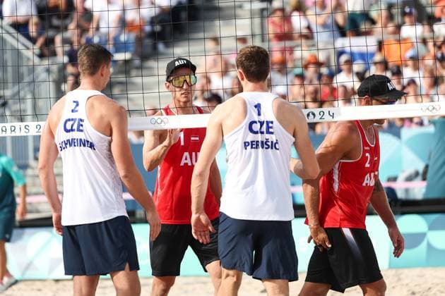 OLYMPICS - Olympic Summer Games 2024 PARIS,FRANCE,31.JUL.24 - OLYMPICS, Beach volleyball, Beachvolleyball - Olympic Summer Games Paris 2024, preliminary phase, men. Image shows David Schweiner (CZE), Julian Hoerl (AUT), Ondrej Perusic (CZE) and Alexander Horst (AUT).  GEPAxpictures xArminxRauthner