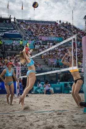 Olympic Games Beach Volleyball Paris 31 07 2024 Nina Bruner of Switzerland in action in the beach volleyball preliminary phase game Switzerland Hueberli Buner vs Germany Ludwig Lippmann at the Olympic Games Paris 31 07 2024 Copyright: xBEAUTIFULxSPORTS OlafxRellischx