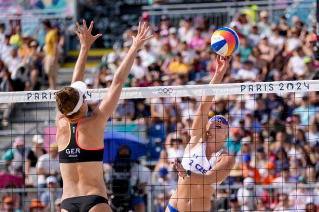 Svenja Müller (Germany) and Marie-Sara Å tochlova (Czech Republic) during the Women s Beach Volleybal Preliminary Phase - Pool C match between Svenja Müller Cinja Tillmann of Germany v Barbora Hermannova Marie-Sara Å tochlova of Czech Republic on Day 5 of the Olympic Games, Olympische Spiele, Olympia, OS Paris 2024 at Eiffel Tower Stadium on July 31, 2024 in Paris, France.
