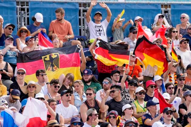 Supporters of Germany during the Women s Beach Volleybal Preliminary Phase - Pool C match between Svenja Müller Cinja Tillmann of Germany v Barbora Hermannova Marie-Sara Å tochlova of Czech Republic on Day 5 of the Olympic Games, Olympische Spiele, Olympia, OS Paris 2024 at Eiffel Tower Stadium on July 31, 2024 in Paris, France.