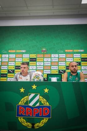 SOCCER - UEFA EL, Rapid vs Krakow VIENNA,AUSTRIA,31.JUL.24 - SOCCER - UEFA Europa League, qualification, SK Rapid Wien vs Wisla Krakow, preview, press conference, PK, Pressekonferenz Rapid. Image shows head coach Robert Klauss and Lukas Grgic (Rapid).  GEPAxpictures xDavidxBitzan