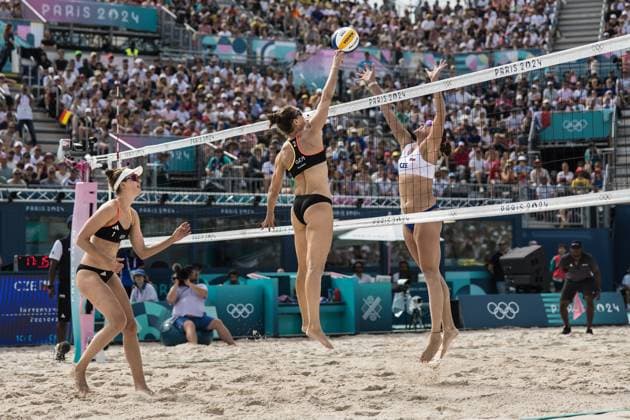 Olympic Games Beach Volleyball Paris 31 07 2024 C Tillmann in action during the beach volleyball preliminary phase game Germany Mueller Tillmann vs Czech Republic Hermanova Stochlova at the Olympic Games Paris 31 07 2024 Copyright: xBEAUTIFULxSPORTS OlafxRellischx