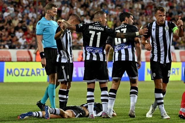 Fußball, CL-Quali, Borac Banja Luka - PAOK Saloniki Banja Luka, Bosnia and Herzegovina, 31th 2024: Team PAOK celebrate score during the UEFA Champions League 2nd qualifying round, 2nd leg football match between Borac Banja Luka (Bosnia and Herzegovina) and PAOK Thessaloniki (Greece) at Gradski Stadion Banja Luka, Banja Luka, BiH. (Igor Kupljenik SPP) Copyright: xIgorxKupljenikx xSPPx spp-en-IgKuSp-IK0_1914