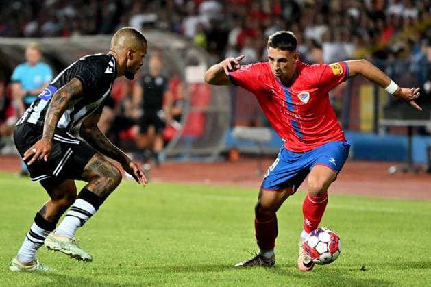 Fußball, CL-Quali, Borac Banja Luka - PAOK Saloniki Banja Luka, Bosnia and Herzegovina, 31th 2024: Stefan Marcetic of Borac Banja Luka (R) in action during the UEFA Champions League 2nd qualifying round, 2nd leg football match between Borac Banja Luka (Bosnia and Herzegovina) and PAOK Thessaloniki (Greece) at Gradski Stadion Banja Luka, Banja Luka, BiH. (Igor Kupljenik SPP) Copyright: xIgorxKupljenikx xSPPx spp-en-IgKuSp-IK0_1954