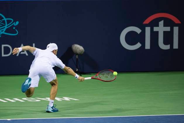 July 31, 2024: Radu Albot (MDA) hits a shot during the 2024 Mubadala Citi DC Open tennis tournament being played at Rock Creek Park Tennis Center in Washington, D.C. CSM District Of Columbia United States of America - ZUMAc04_ 20240731_zma_c04_203 Copyright: xJustinxCooperx