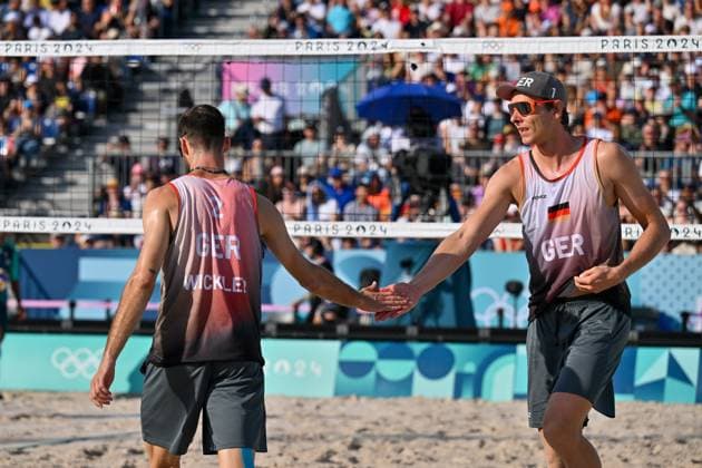 Olympic Games Beach Volleyball Paris 01 08 2024 Preliminary round, Men, GER AUS, Nils Ehlers 1, GER , Clemens Wickler 2, GER , Copyright: xBEAUTIFULxSPORTS TomxBlochx