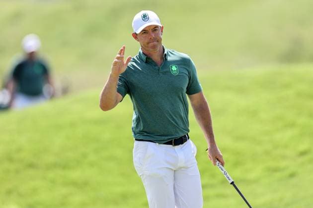 Paris 2024 Olympic Games, Olympische Spiele, Olympia, OS Le Golf National, Guyancourt, Paris, France 1 8 2024 Ireland™s Rory McIlroy celebrates an eagle on the ninth hole Rory McIlroy celebrates an eagle on the ninth hole 1 8 2024  Copyright: x INPHO JamesxCrombiex JRH20442