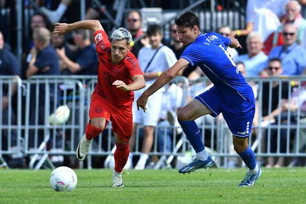 Soccer friendly match 1 FC Düren FC Bayern Munich on 28 07 2024 at the Karl Knipprath Stadium in Jülich Bryan Zaragoza Munich , left Meric Nuh Gültekin Düren , right xRx