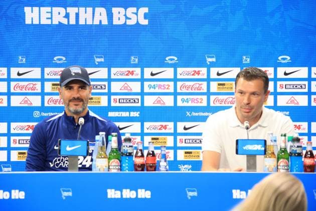 DEU, DFL, 2 FBL, Hertha BSC, Press Conference, 01 08 2024, Hertha Geschaeftsstelle, Berlin, DEU, DFL, 2 FBL, Hertha BSC, Press Conference, im Bild Cheftrainer Cristian Fiel Hertha BSC Berlin , Benjamin Weber Sportdirektor, Hertha BSC Berlin DFL regulations prohibit any use of Photographs as image sequences and or quasi video Foto Juergen Engler nordphoto GmbH nordphotoxGmbHx xEngler nph00076