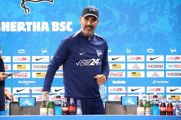 DEU, DFL, 2 FBL, Hertha BSC, Press conference, 01 08 2024, Hertha Geschaeftsstelle, Berlin, DEU, DFL, 2 FBL, Hertha BSC, Press conference, im Bild Cheftrainer Cristian Fiel Hertha BSC Berlin , DFL regulations prohibit any use of Photographs as image sequences and or quasi video Foto Juergen Engler nordphoto GmbH nordphotoxGmbHx xEngler nph00076