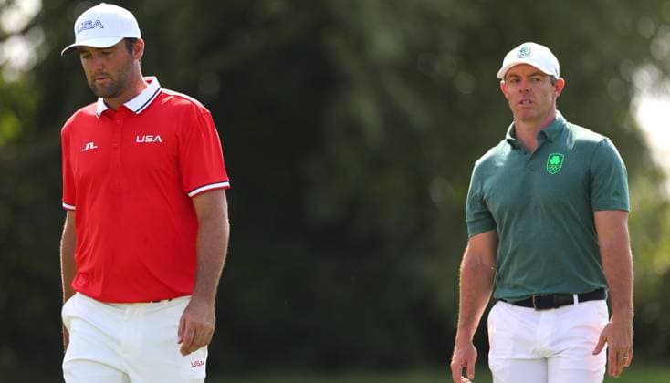 Paris 2024 Olympic Games, Olympische Spiele, Olympia, OS Le Golf National, Guyancourt, Paris, France 1 8 2024 Ireland™s Rory McIlroy and USA™s Scottie Sheffler on the 1st hole Rory McIlroy and Scottie Sheffler on the 1st hole 1 8 2024  Copyright: x INPHO JamesxCrombiex JRH28540