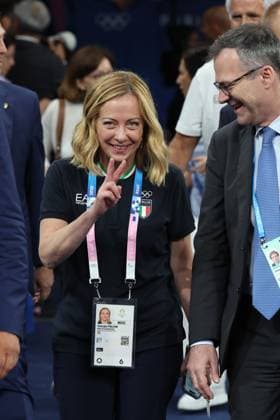 The Italian Prime Minister Giorgia Meloni ITA celebrates the victory of the Italian judoka Alice Bellandi ITA in the final in the category up to 78 kilograms in judo, gold medal , judo, victory sign Paris 2024, Olympic Games Paris 2024, Olympic Games 2024, 01 08 2024,