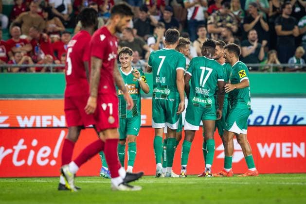RAPID WIEN - WISLA KRAKOW Dion Drena Beljo, Jonas Auer of Rapid during the 2nd leg of Second qualifying round of the UEFA Europa League football match between SK Rapid Wien and Wisla Krakow. Vienna, Austria, August 01, 2024. Photo by Branislav Racko Vienna Copyright: xx 080A9298